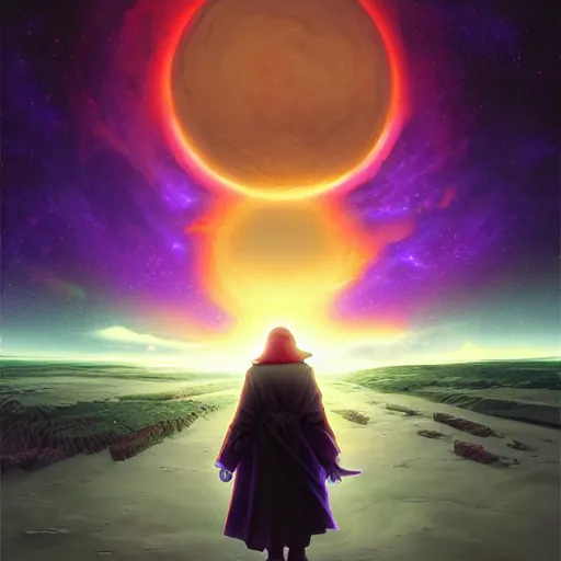 Prompt: A Pilgrim, by Peter Elson, Noah Bradley, Chromatic Abberation, Ultraviolet, Post processing effects, Panini, Outrun