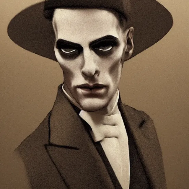 Image similar to photorealistic sepia full - head portrait of a 1 9 2 0 s era smirking male occultist, well dressed, long - tailed tuxedo coat, atmospheric lighting, dark, brooding, painted, intricate by thierry doizon, ultra detailed, well composed, best on artstation, cgsociety, epic, stunning, gorgeous, intricate detail, much wow, masterpiece