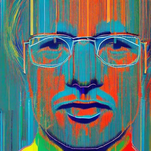 Image similar to portrait of abstract visual artificial intelligence face chromatic suit by Andy warhol and David Hockney and Petros Afshar, highly detailed