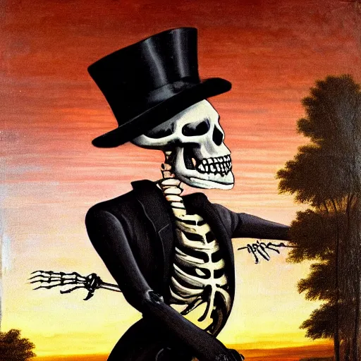 Image similar to Renaissance oil painting of skeleton wearing a suit and top hat at sunset.