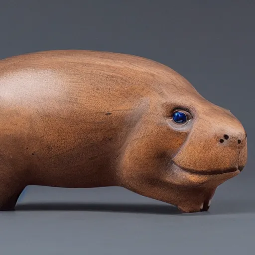 Prompt: a small smooth hippo statue carved from natural wood, dipped in polished blue ceramic, half and half, mixed media, side view