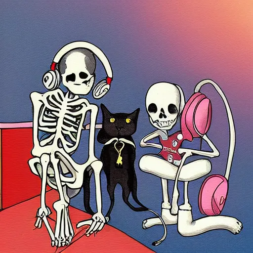 Image similar to skeleton wearing headphones watching girl playing guitar with her black cat standing next to her, digital art