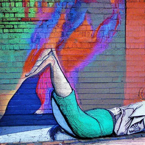 Prompt: by randolph caldecott chromatic aberration terrifying. a street art of a woman reclining on a bed.