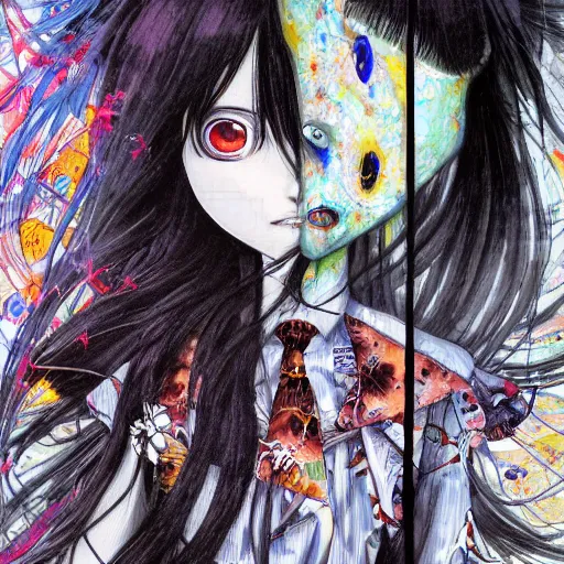 Prompt: yoshitaka amano realistic illustration of a sinister anime girl with big eyes and long wavy blue hair wearing dress suit with tie and surrounded by abstract junji ito style patterns in the background, blurred and dreamy illustration, noisy film grain effect, highly detailed, oil painting with expressive brush strokes, weird portrait angle