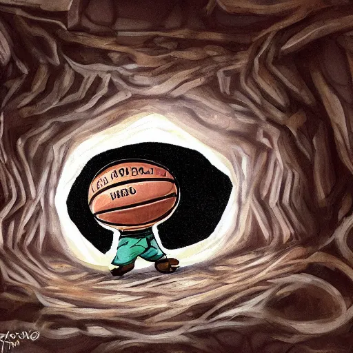 Image similar to a mimic jumping out of it's disguise as a basketball inside of a cave gnarling it's teeth ready to attack, fantasy, digital painting