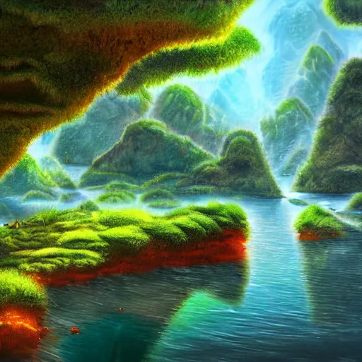Image similar to digital painting of a lush natural scene on an alien planet by murayama hideo. digital render. detailed. beautiful landscape. colourful weird vegetation. cliffs and water.
