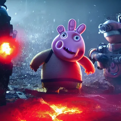 Image similar to Peppa pig in Gears of War, splash art, movie still, cinematic lighting, dramatic, octane render, long lens, shallow depth of field, bokeh, anamorphic lens flare, 8k, hyper detailed, 35mm film grain