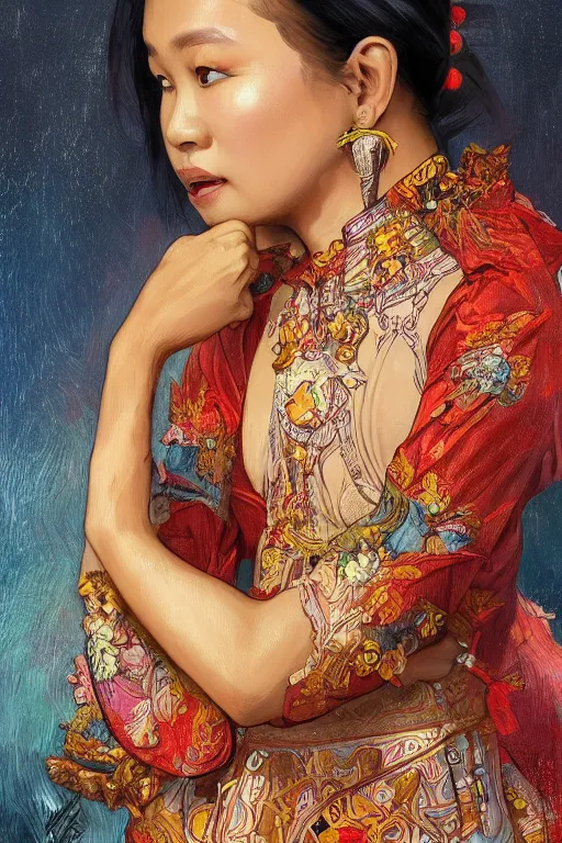 Prompt: portrait of an indonesian celebrity wearing tradistional dress, highly detailed, digital painting, artstation, concept art, sharp focus, illustration, art by kittichai rueangchaichan and james gurney and alphonse mucha