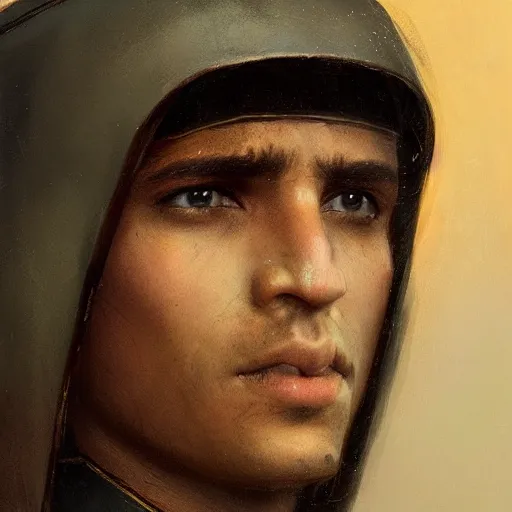 Image similar to Medium closeup young idealistic and pious homely male Imperial soldier wearing a black tabard with light yellow accents over a gambeson and a small!!! barbut helm, by Raymond Swanland Greg Rutkowski Lise Deharm, {perfect face}, {perfect eyes}, {uncertain look}, {on edge}