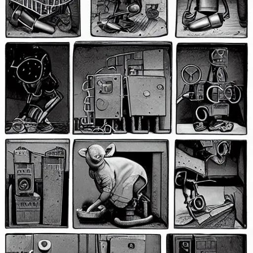 Prompt: a depressed little construction mouse deconstructing a robot, by brian jacques