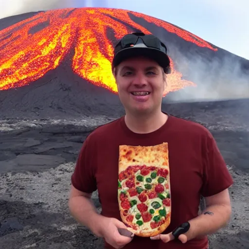 Prompt: an evil pizza cook standing in front of a volcano, streams of lava, smoke, fire, pizza margherita