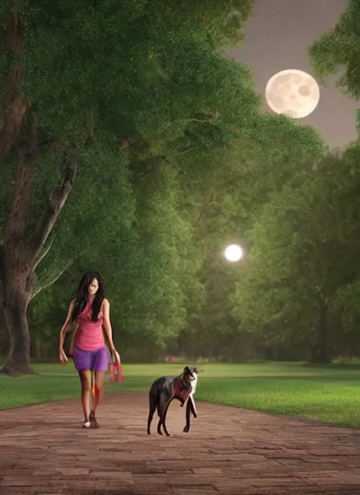 Prompt: young beautiful brown woman walking with her dog in a park in Merida Mexico at night with a full moon, illustration, photoreal, fantasy, trending. masterpiece work of art . oil on canvas. Digitally painted. Realistic. 3D. 8k. UHD.