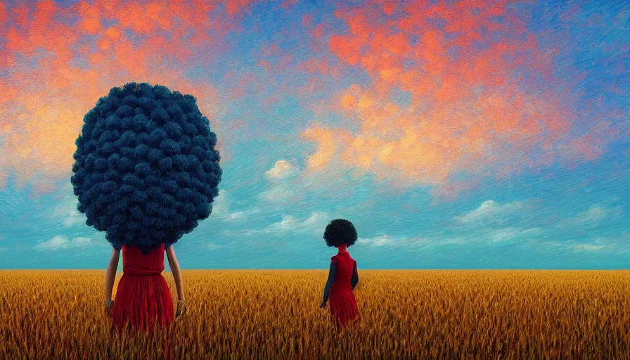 Prompt: giant red carnation afro head, full body, girl watching sunset, empty wheat field, surreal photography, forest background, dramatic light, impressionist painting, colorful clouds, digital painting, pointillism, artstation, simon stalenhag