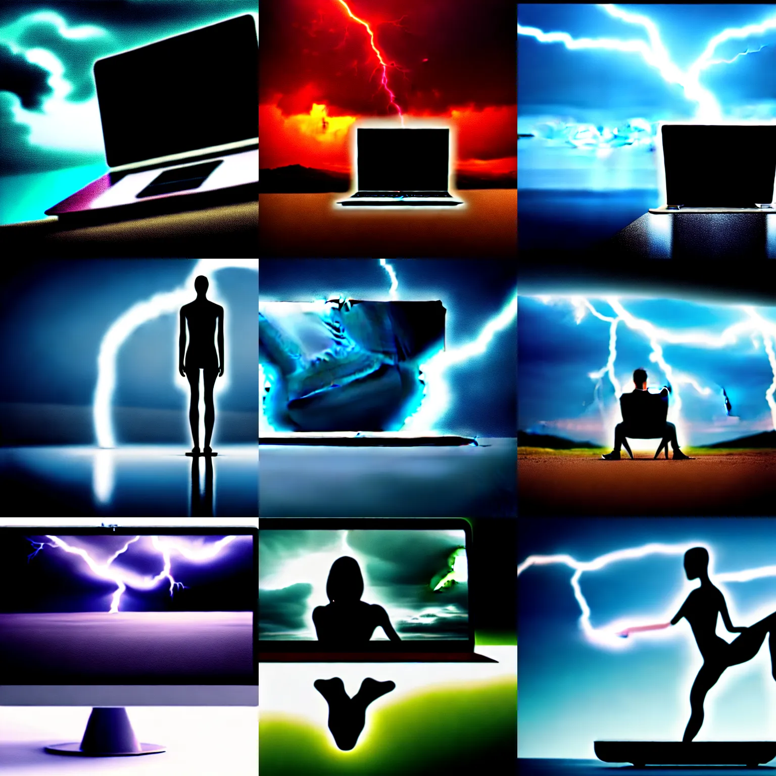 Prompt: a laptop with human legs, surreal photography, 8 k, dramatic lightning, matte painting, ultra wide shot, sharp focus, wallpaper art