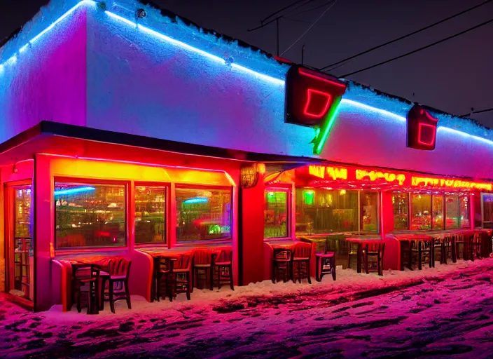 Prompt: exterior photo of a mexican restaurant, neon lights, in a flat snowy field. 35mm. Very detailed 8k. Sharp. Cinematic post-processing. Unreal engine. Nanite. Ray tracing. Parallax. Tessellation