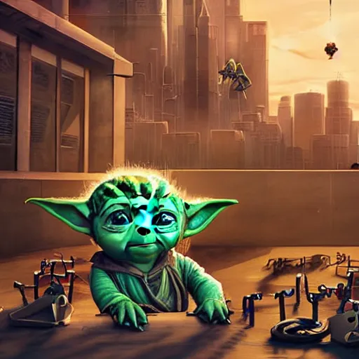 Image similar to masterful digital art, eye - level view, medium - shot, baby yoda is at the busy school playground in a cyberpunk city. baby yoda smiles and plays on a swing set. golden hour. realism, detailed, depth, chiaroscuro, limited color palette. in the background some balloons float in the sky. mandalorian ( tv ).