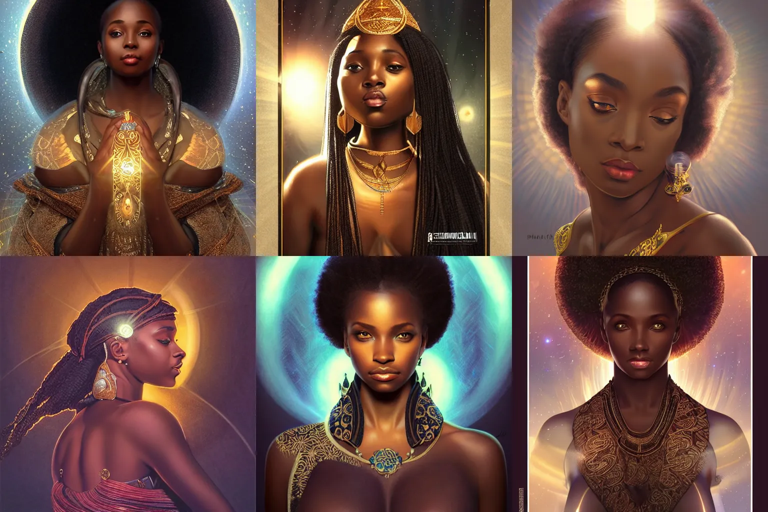 Prompt: black african princess, warm volumetric lighting, cosmic, symmetric, highly detailed, elegant, concept art, heavenly, god rays, intricate, sharp focus, illustration, alexandros pyromallis, bouguereau, rutkowski, artgerm, alphonse mucha, trending on linkedin