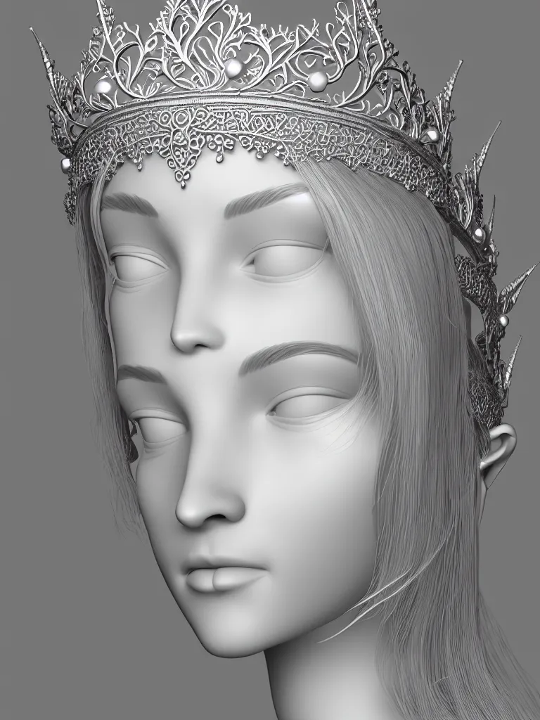 Prompt: realistic, 3 d render, detailed, intricate, delicate, fine detail, silver, beautiful, elven crown, tiara, with little white flower detail, front facing,