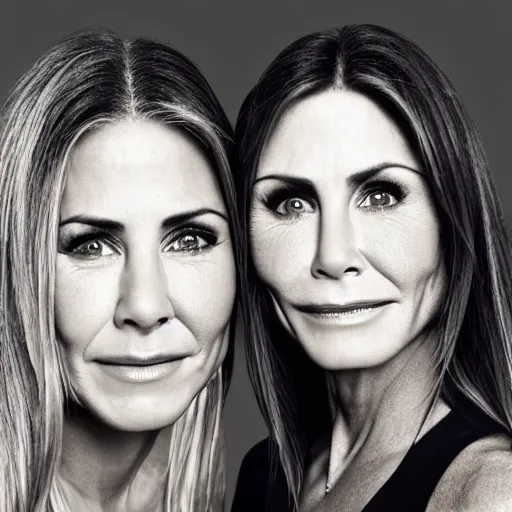 Prompt: old jennifer anniston and courtney cox actress at age 1 5 0 years old, morphing together, absorbing each other, color ( sony a 7 r iv, symmetric balance, polarizing filter, photolab, lightroom, 4 k, dolby vision, photography award ), vogue, perfect face