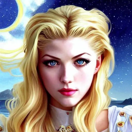 Image similar to A combination of Katheryn Winnick's and Grace Kelly's and Katherine McNamara's faces with blonde hair as Sailor Moon, western, D&D, fantasy, intricate, elegant, highly detailed, digital painting, artstation, concept art, matte, sharp focus, illustration, art by Artgerm and Greg Rutkowski and Alphonse Mucha