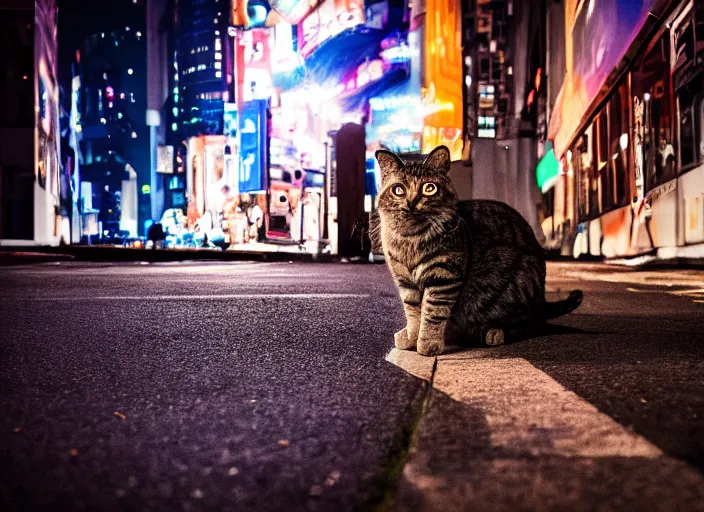 Prompt: photography of a Cat sitting on a box. in a cyberpunk street, award winning photo, led lighting, night, 24mm, sharp, high res