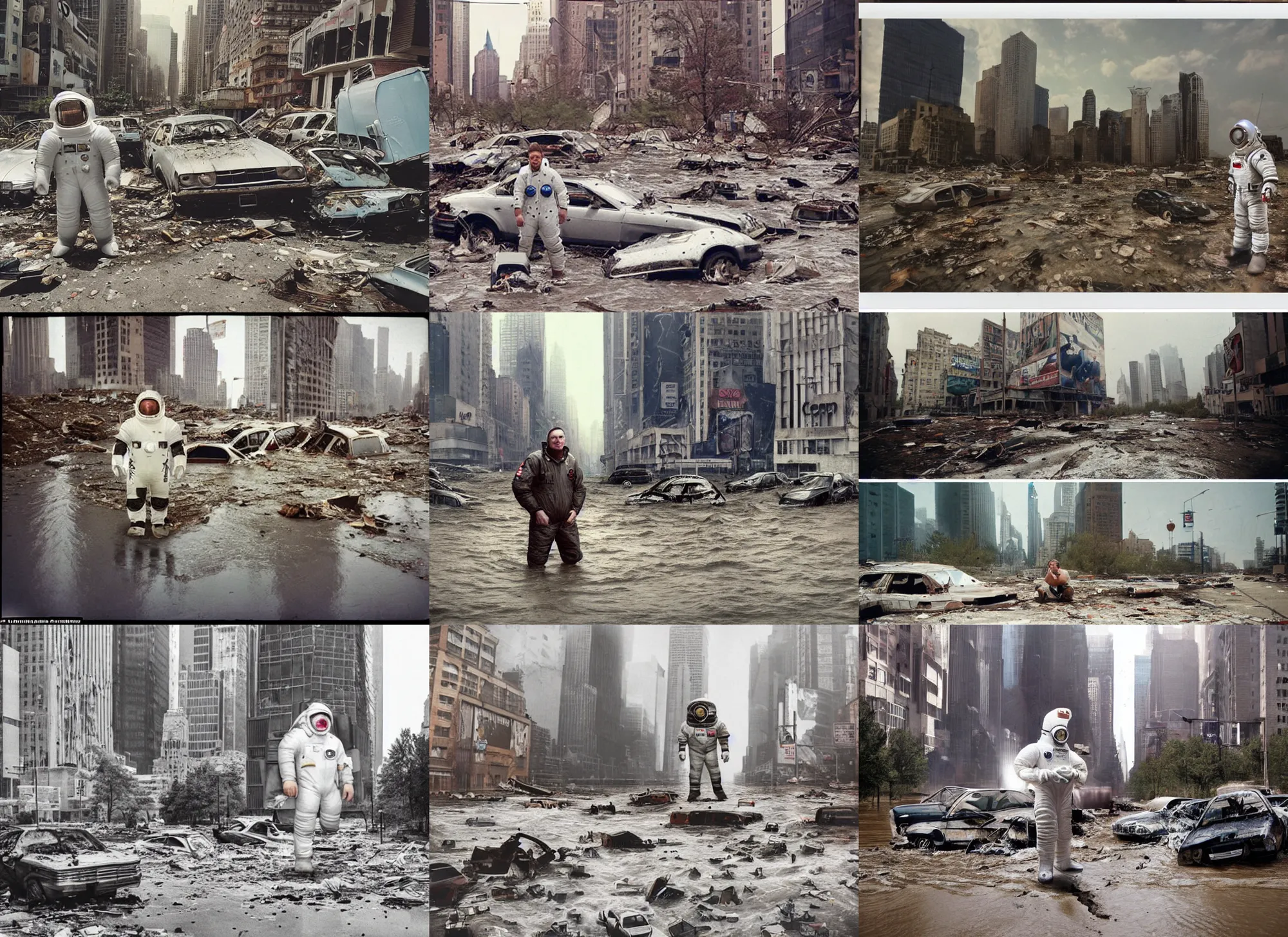 Prompt: very realistic giant flood photographs of lone american white spacesuit chubby astronaut in postapocalyptic abandoned destroyed giant flood times square, wrecked buildings, destroyed flipped wrecked cars, polaroid photo, vintage, neutral colors, sunny day backlight by gregory crewdson