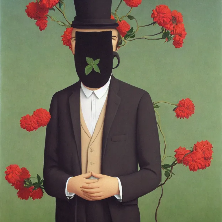 Prompt: portrait of man in a suit with flowers hiding his face by rene magritte, detailed painting, hd, hq, high resolution, high detail, 4 k, 8 k