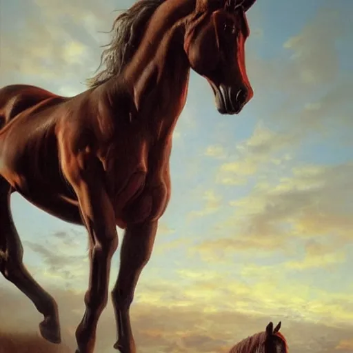 Image similar to a resplendant impressive portrait of a noble horse rearing up. fantasy art, alex ross, heroic lighting, very very very beautiful raytraced rendering