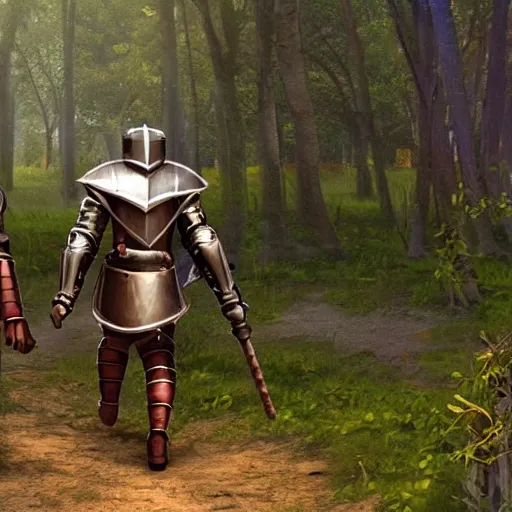 Prompt: Knight Theo is all in iron armor and his squire, who only has a spear, are walking along a forest path. Beautiful 8k style