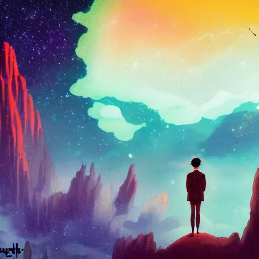 Prompt: a futuristic wanderer gazing into a universe full of mystical colorful light nebulae and galaxies in the style artstyle of caspar david friedrich, studio ghibli color scheme