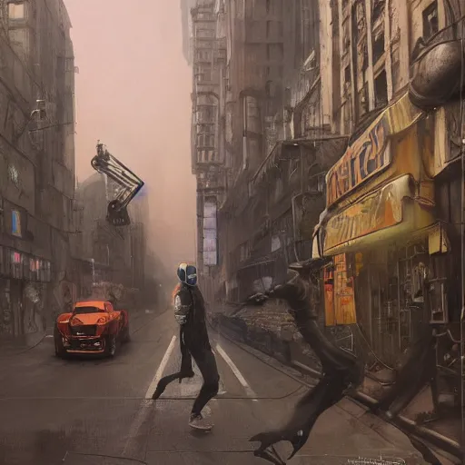 Image similar to a dreary realism portrait of masked diesel punk helmet on the art deco streets of the big city, artstation, award - winning realistic sci - fi concept art by jim burns and greg rutkowski, beksinski, a realism masterpiece, muted color palette, james gilleard, bruegel, alphonse mucha, and yoshitaka amano