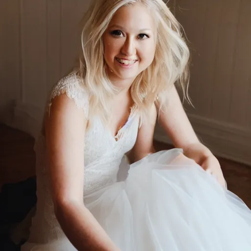 Image similar to a close up portrait of a women, mid-twenties, blonde hair, wearing a Vera Wang wedding dress, the most beautiful day of her life