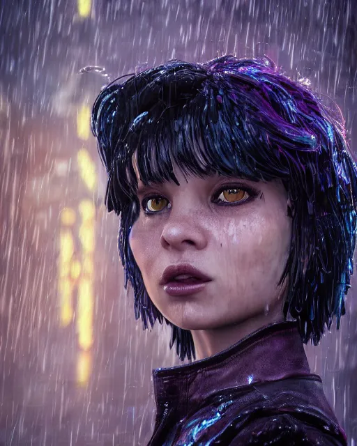 Image similar to An epic fantasy comic book style portrait painting of a very beautiful imposing Industrial goth Dora The Explorer in the rain, wet hair, neon reflections, character design by Mark Ryden and Pixar and Hayao Miyazaki, unreal 5, DAZ, hyperrealistic, octane render, cosplay, RPG portrait, dynamic lighting, intricate detail, cinematic
