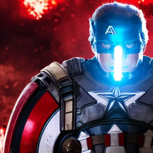 Image similar to portrait of donald trump as captain america in gears of war, splash art, maga, patriot, movie still, cinematic lighting, dramatic, glowing, ray tracing, octane render, long lens, shallow depth of field, bokeh, anamorphic lens flare, 8 k, hyper detailed, 3 5 mm film grain