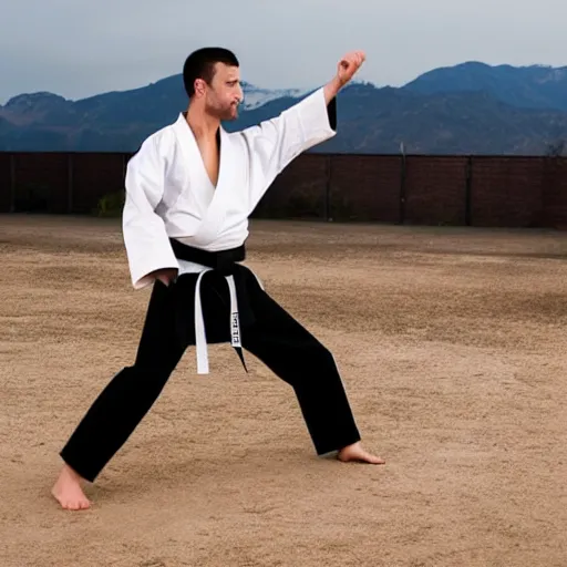 Image similar to man doing a karate kick to the camera