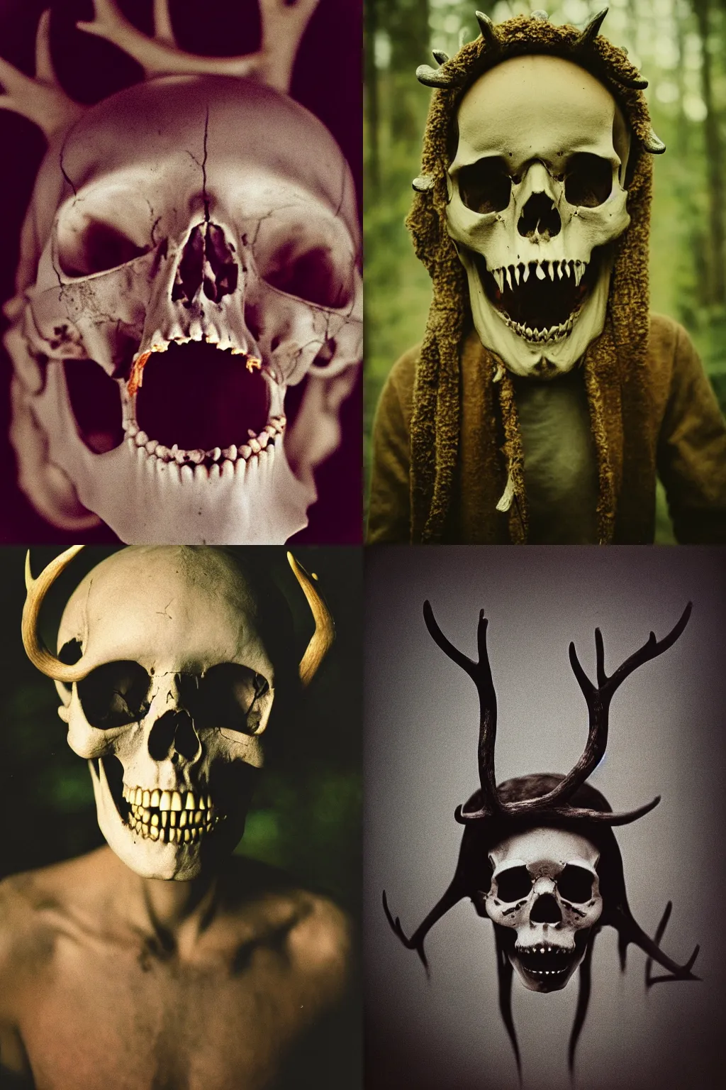 Prompt: creepy photo of a human skull with antlers and long fangs, film photo, Portra, 4k, high quality, very detailed