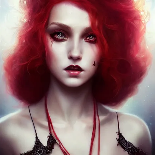 Prompt: princess of darkness, style of tom bagshaw, artgerm comic, piercing eyes, long glowing red hair, cinematic, highly detailed, award winning