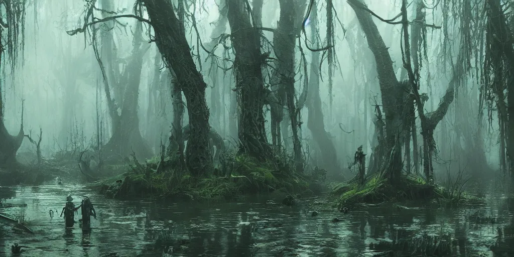 Image similar to Rancid and malevolent swamp, dark murky atmosphere, green hue, Darek Zabrocki, Marcin Rubinkowski, Lorenzo Lanfranconi, Karlkka, trending on Artstation, 8K