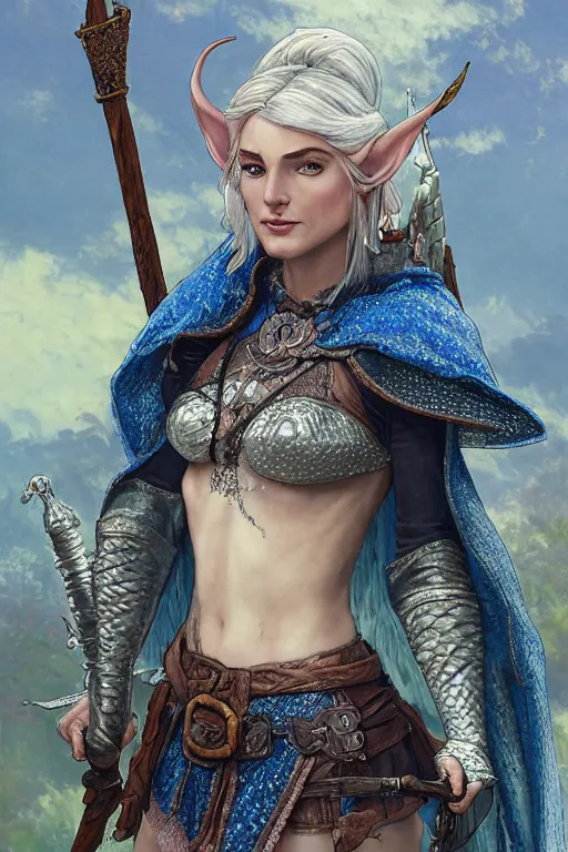 Prompt: alluring highly detailed matte close-up portrait of beautiful elf Shani (from Witcher 3) wearing chesty chainmail bikini and a blue cloak, very detailed, realistic, manga, pen and ink, by Stanley Artgerm Lau, greg rutkowski, thomas kindkade, alphonse mucha, loish, norman rockwell J.