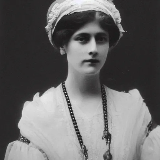 Image similar to edwardian photograph of a beautiful woman, elegant, symmetrical, staring at the camera, very grainy, 1900s, 1910s, close-up portrait, slightly blurry