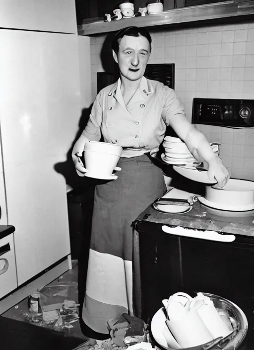 Prompt: a 35mm photograph of Hitler as a 1950's housewife, baking a cake, in a messy kitchen Canon 50mm, film, Kodachrome