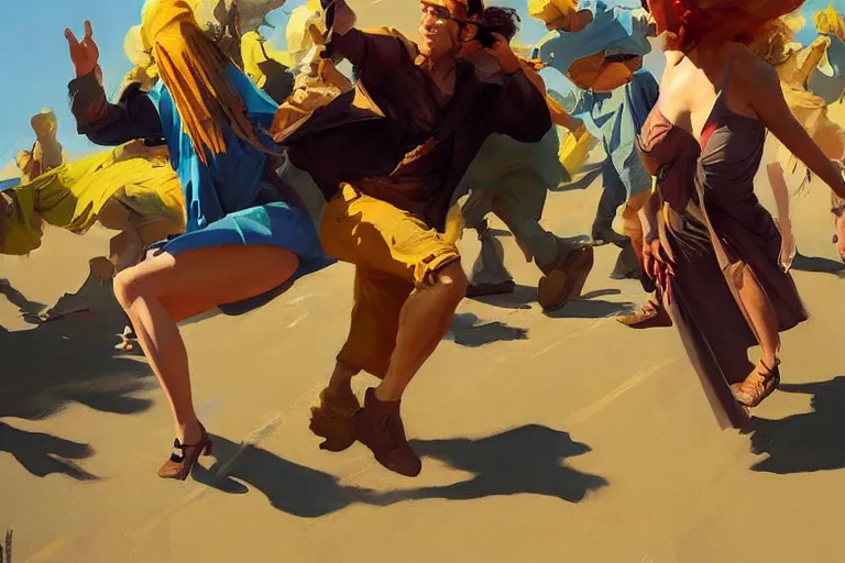 Image similar to greg manchess painting of people tripping falling, profile picture, organic painting, sunny day, matte painting, bold shapes, hard edges, street art, trending on artstation, by huang guangjian, gil elvgren, ruan jia, randy vargas, greg rutkowski