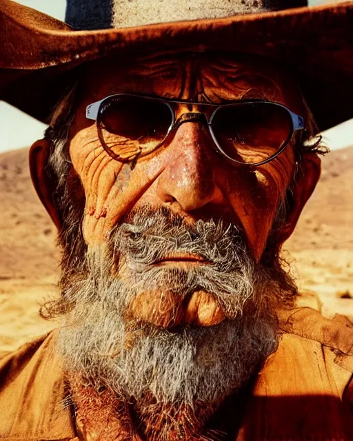 Prompt: a film still extreme close - up shot of an old cowboy outlaw in a desert by esao andrews. colorful, vibrant. trending on artstation