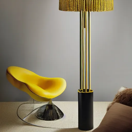 Prompt: floor standing lamp in the shape of a sun with yellow accents designed by tiffany, advertising photography, luxury home design