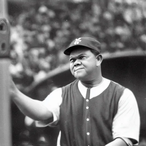 Image similar to a black and white still image of Babe Ruth taking a selfie.