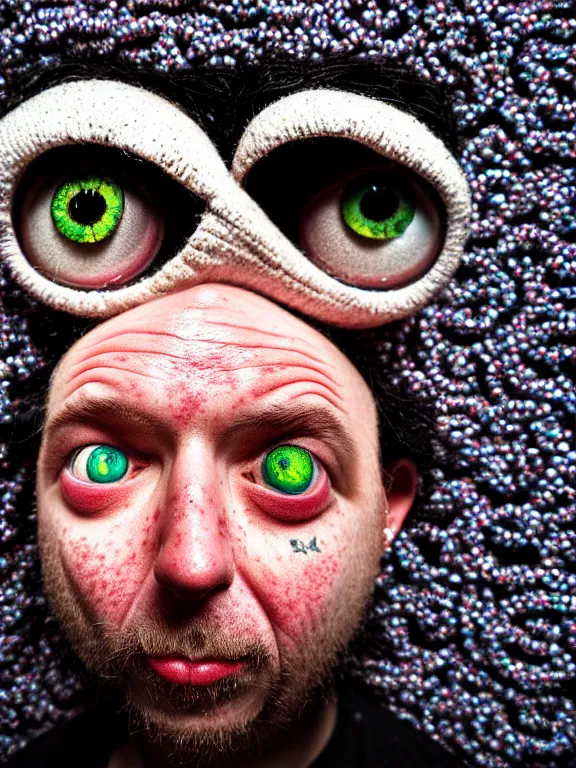 Image similar to a close up of a person with a weird looking eye, a character portrait by alexander jansson, featured on cg society, pop surrealism, made of beads and yarn, studio portrait, fisheye lens