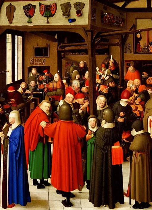 Image similar to date at the crowded medieval inn. Medieval painting, by Jan van Eyck