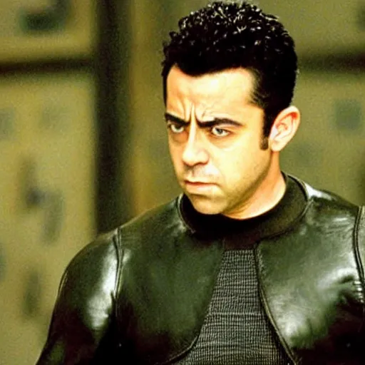 Prompt: Still of Xavi Hernandez in The Matrix reloaded (1999)