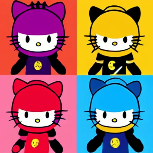 Image similar to hello kitty characters as power rangers, god rays