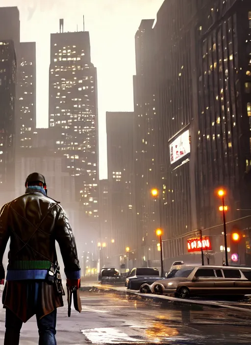 Prompt: watch dogs game, chicago city rainy detailed, soft lighting